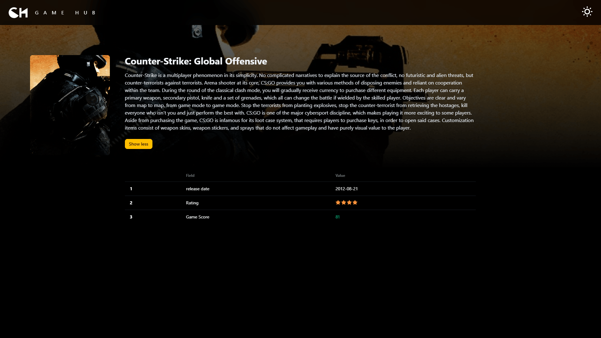 Game Hub game page screenshot with dark theme