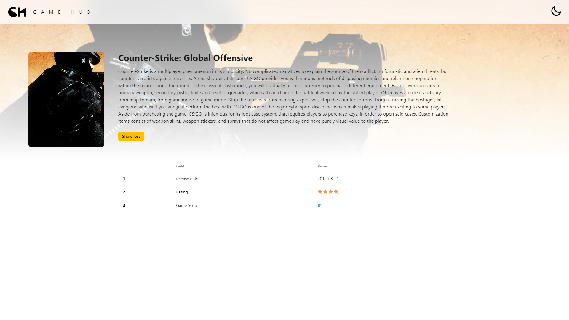 Game Hub game page screenshot with light theme