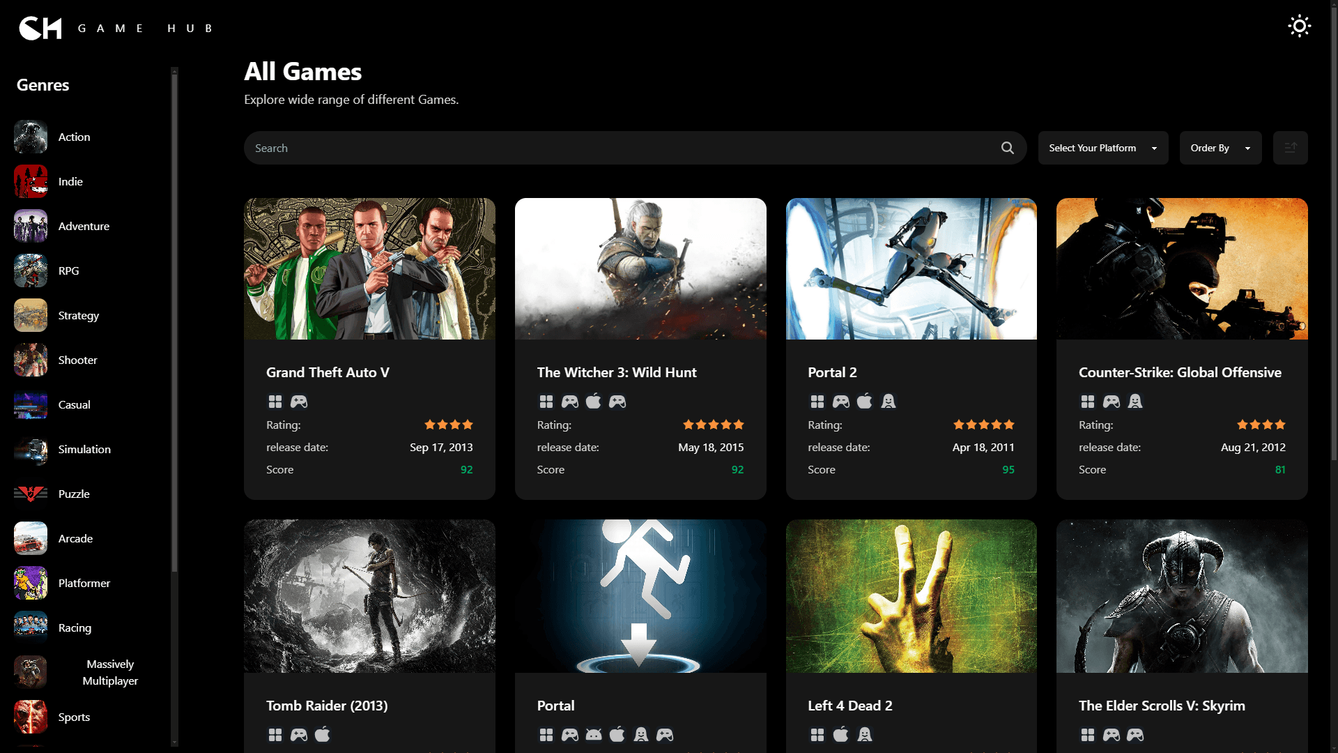 Game Hub homepage screenshot with dark theme