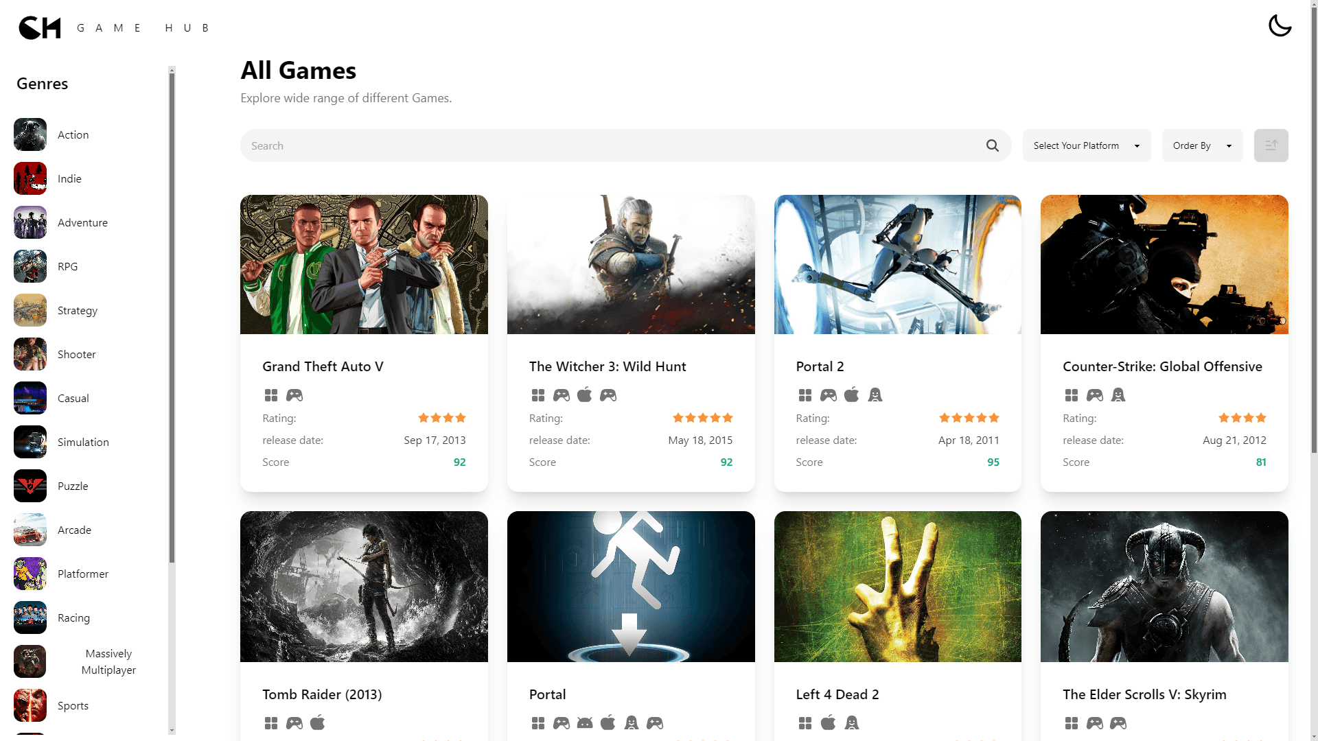 Game Hub homepage screenshot with dark theme